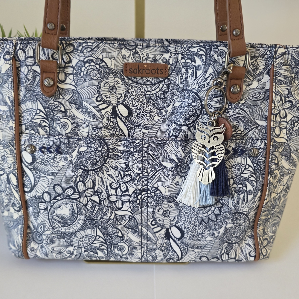 Sakroots Navy Floral Canvas Tote with Tassel Charm - Picture 4 of 16